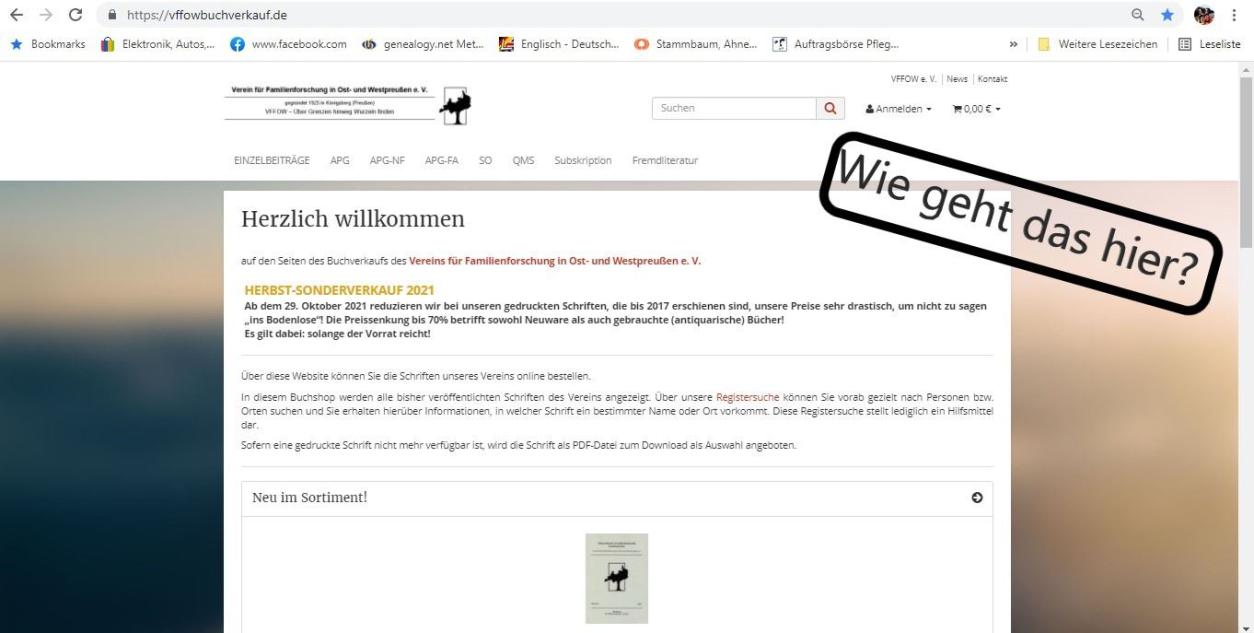 Screenshot Hinweise zur Benutzung der Website des VFFOW-Buchverkaufs